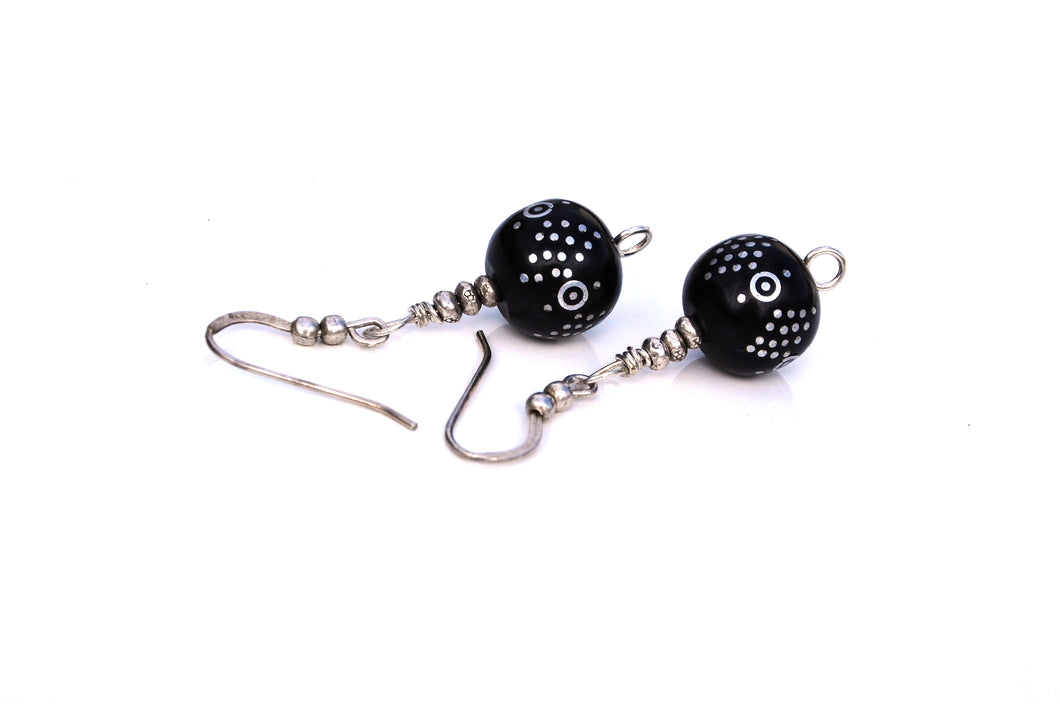 Antique Black Coral Silver-Inlaid Dangle Earrings
